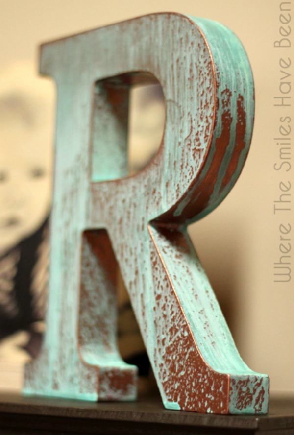 IMFeatureDIY-Faux-Copper-Letter-aged-with-Blue-Patina-Mantel2