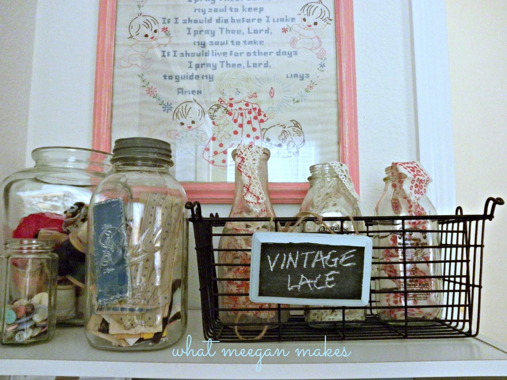 Vintage Lace Ribbon and Thread in Milk bottles and Vintage jars