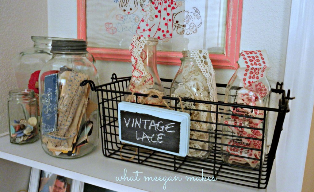 Vintage Lace Ribbon and Thread in Milk bottles and Vintage jars