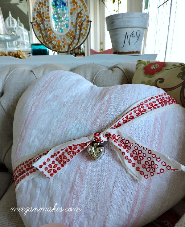 Vintage Fabric Pillow with Heart Charm